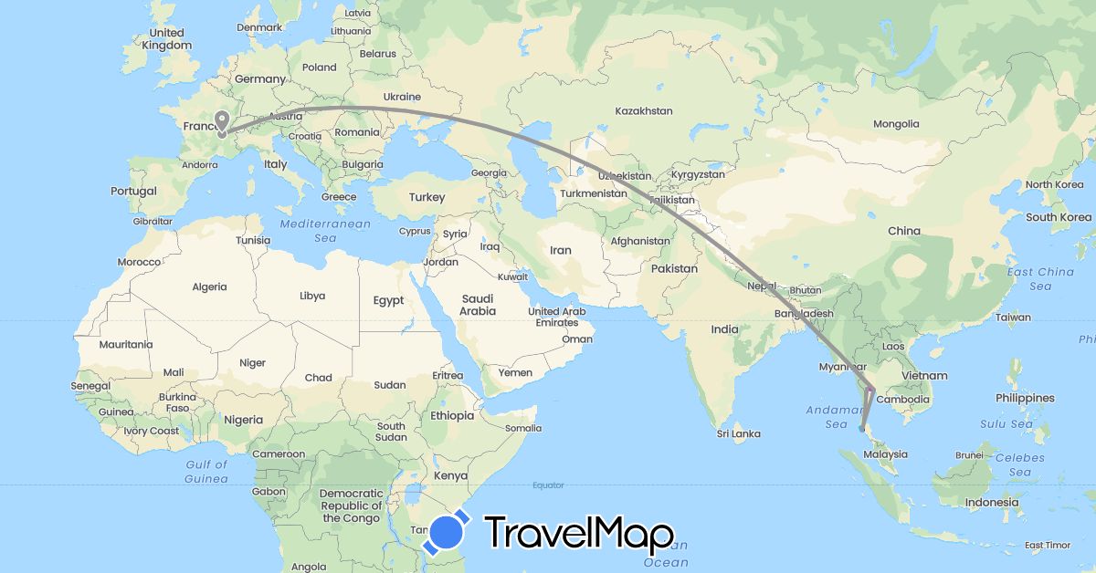 TravelMap itinerary: driving, plane, train, hiking, boat in Austria, France, Thailand (Asia, Europe)